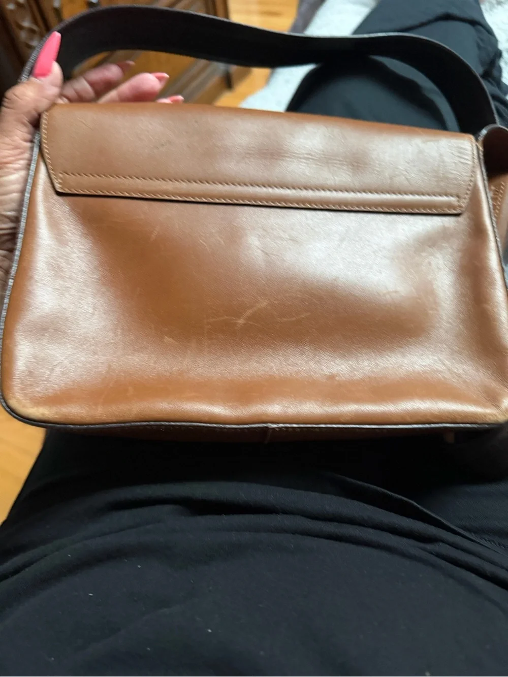 PRADA Tan Leather Messenger Bag with Wide Shoulder Strap